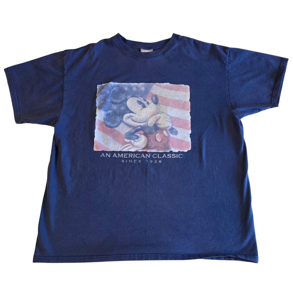 Vintage Disney Store Mickey Mouse American Flag T-Shirt Navy Blue XL Y2K 90s